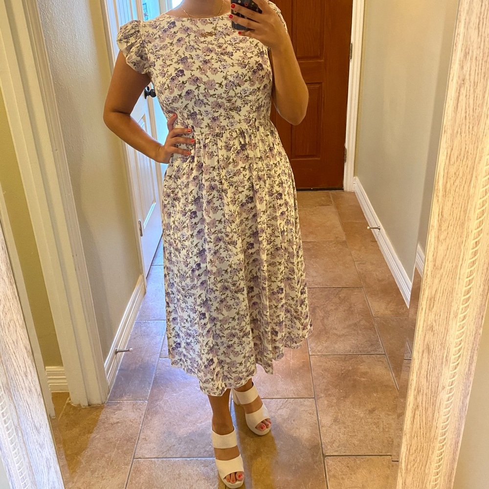 High Kneck Knee Length Floral Dress